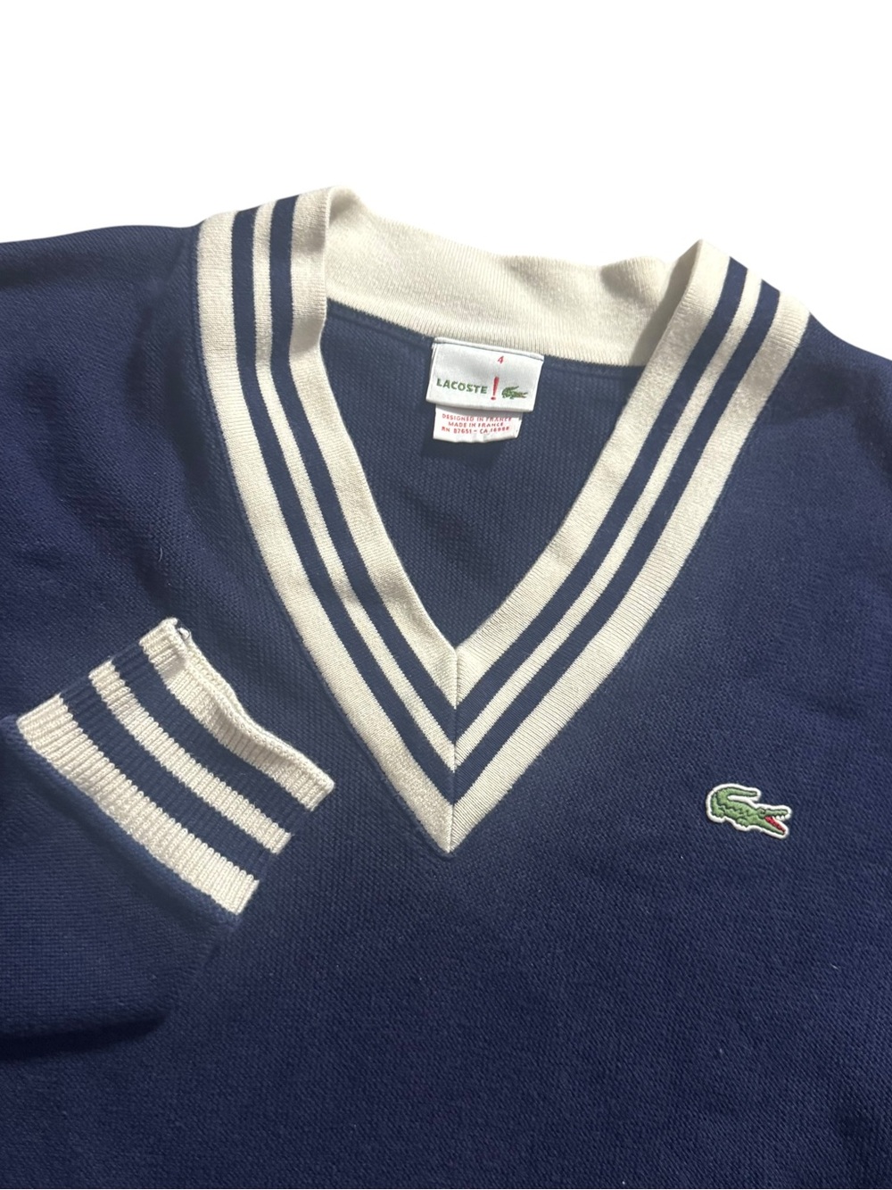 Vintage Chemise Lacoste Men's V-Neck Sweater Navy White Striped Size 4 Medium